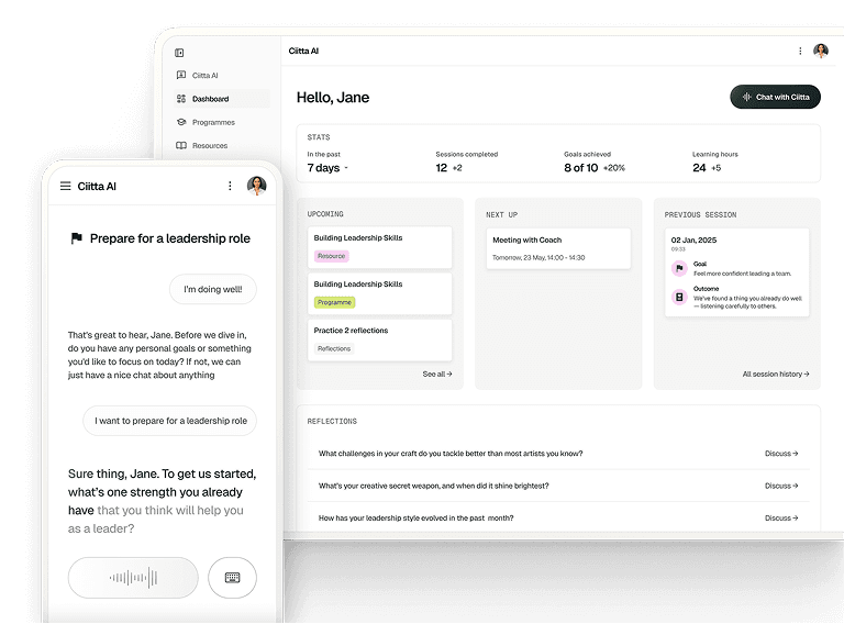 Ciitta coaching dashboard and AI conversation on desktop and mobile